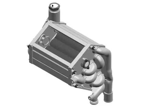 Bosch Wärmetauscher mit kompaktem Design, verknüpft mit verschiedenen Rohren zur Fluidleitung, zur Optimierung von Temperaturübertragung in Heizsystemen.